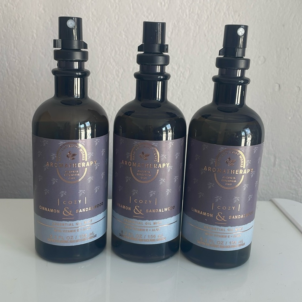 3 NEW - Bath and Body works aromatherapy rental oil mists COZY cinnamon & sandal